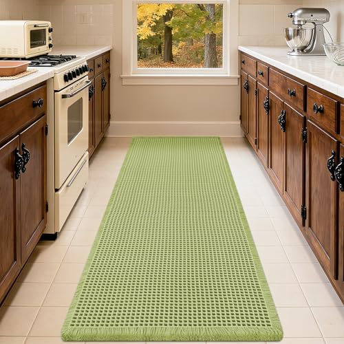 Extra Large Waffle Bath Mat Sage Green 6'x2'(72" x 24"), Boho Woven Modern Bath Mat Rugs, Absorbent Non Slip Bathroom Rugs, Soft Washable Bath Rugs with Tassels for Bathroom, Bedroom, Kitchen, Shower