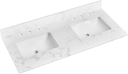 48"x22" Vanity Top with Sink, Engineered Stone Vanity Top with Rectangular Undermount Ceramic Double Sink, 8 Inch Faucet Hole Spacing with Backsplash Countertops for Bathroom