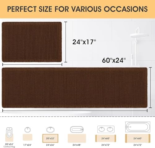 IM HOME Waffle Bath Mat Set 2 Piece Brown,Woven Modern Bath Rug Mats, Absorbent Non Slip Bath Floor Mat, Soft Washable Boho Bath Rugs with Tassels for Bathroom, Bedroom, Kitchen,Tub