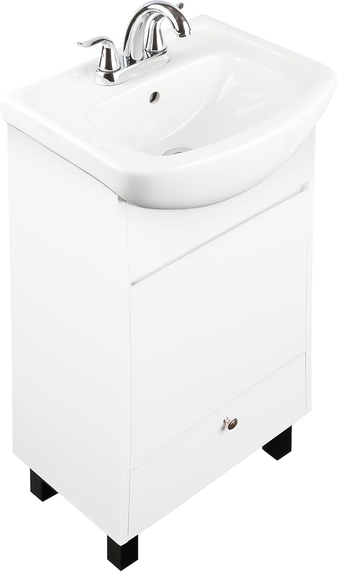 Petite 18 Inch Bathroom Vanity with Sink, Small Freestanding Bathroom Cabinet, Space-Saving Vanity Sink Combo Design, Dual Storage, Satin White
