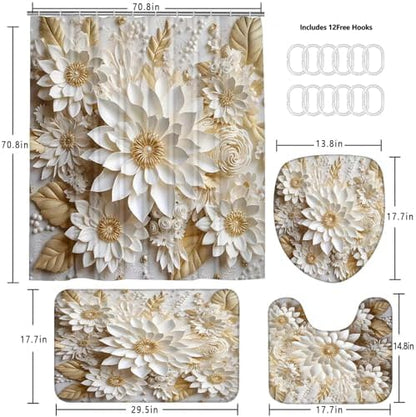 Chrainy 4pcs White Flowers Shower Cutain Bathroom Decor Sets with Rugs