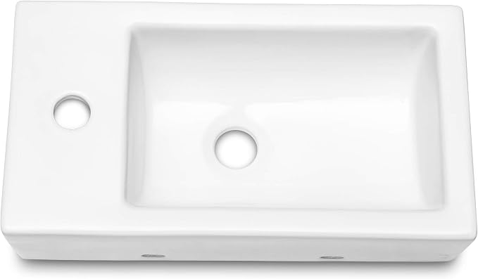 Dcolora 18x10 Inch Floating Vessel Sink, Small Wall Mounted Right Hand Bathroom Sink, White Ceramic Porcelain Rectangle Basin for Bathroom