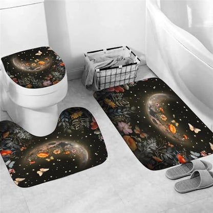 LQCOOL Shower Curtain Set 4 Pcs Black Moon Bathroom Sets with Shower Curtain and Rugs Bathroom Decor Set with 12 Hooks