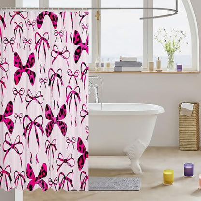 jejeloiu Cute Bowknot Shower Curtain for Bathroom Decor 72"x78" Pink Black Girls Bow Bath Curtain Kawaii Leopard Bathroom Accessories Waterproof Polyester Fabric for Stalls Bathtubs Princess Decor