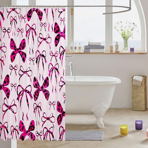jejeloiu Cute Bowknot Shower Curtain for Bathroom Decor 72"x72" Pink Black Girls Bow Bath Curtain Kawaii Leopard Bathroom Accessories Waterproof Polyester Fabric for Stalls Bathtubs Princess Decor