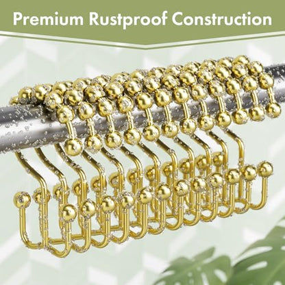 Amazer Gold Shower Curtain Hooks, 12PCS Rust-Resistant Metal Double Shower Curtain Rings for Curtain Rolling Shower Hooks, Shower Rings for Bathroom Shower Curtain Rod