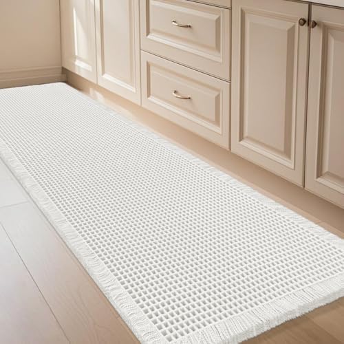 Extra Large Waffle Bath Mat White 6'x2'(72" x 24"), Boho Woven Modern Bath Mat Rugs, Absorbent Non Slip Bathroom Rugs, Soft Washable Bath Rugs with Tassels for Bathroom, Bedroom, Kitchen, Shower, Tub