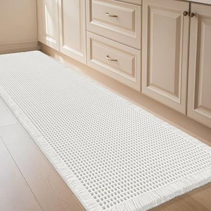 IM HOME Waffle Bath Mat White 5'x2', Boho Woven Modern Bath Mat Rugs, Absorbent Non Slip Bathroom Rugs, Soft Washable Bath Rugs with Tassels for Bathroom, Bedroom, Kitchen, Shower, Tub