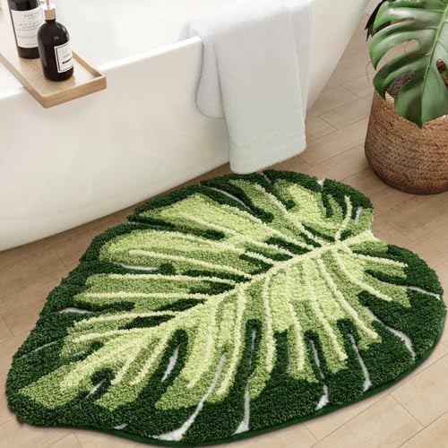 DEXI Cute Bath Mat, Green Leaf Monstera Bathroom Rugs 47x31.5