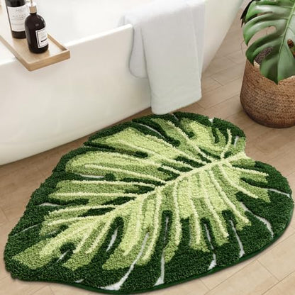 DEXI Cute Bath Mat, Green Leaf Monstera Bathroom Rugs 47x31.5