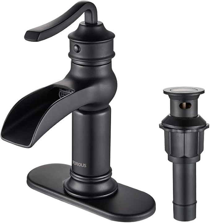 FORIOUS Black Waterfall Bathroom Faucet, Single Handle Antique Bathroom Sink Faucet with Deck Plate, Lead-Free CUPC Hose and Metal Pop-up Drain for 1 Hole or 3 Hole Farmhouse, Lavatory, Vanity