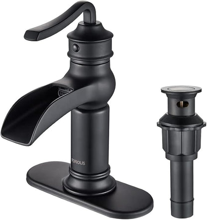 FORIOUS Black Waterfall Bathroom Faucet, Single Handle Antique Bathroom Sink Faucet with Deck Plate, Lead-Free CUPC Hose and Metal Pop-up Drain for 1 Hole or 3 Hole Farmhouse, Lavatory, Vanity