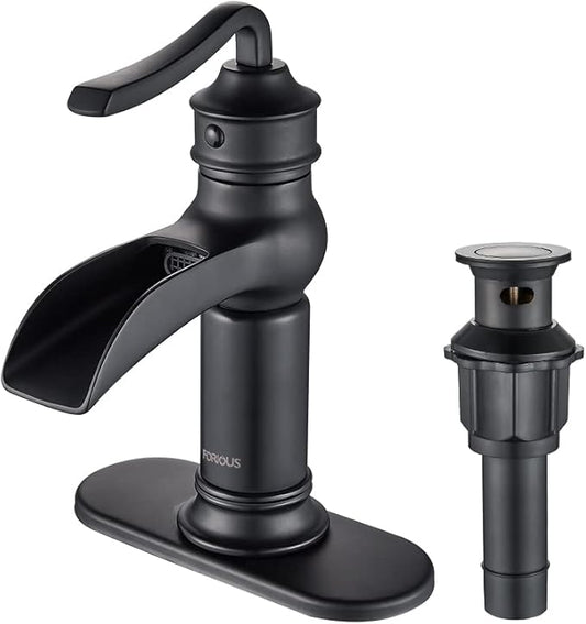 FORIOUS Black Waterfall Bathroom Faucet, Single Handle Antique Bathroom Sink Faucet with Deck Plate, Lead-Free CUPC Hose and Metal Pop-up Drain for 1 Hole or 3 Hole Farmhouse, Lavatory, Vanity