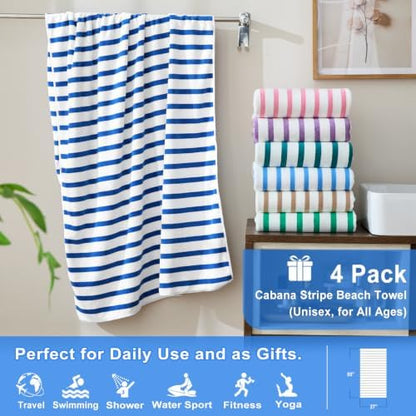 JML Microfiber Beach Towels, 4 Pack, 27" x 55", Cabana Stripe Dark Blue
