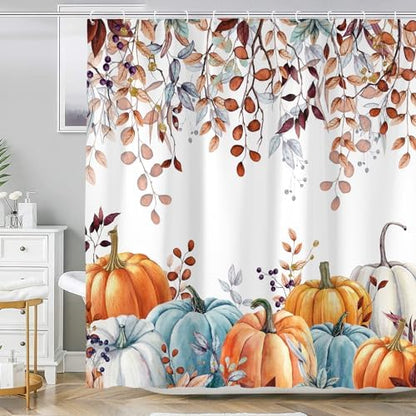 Fall Shower Curtains for Bathroom, Thanksgiving Pumpkins Autumn Eucalyptus Leaves Shower Curtain Set with Hooks, Blue Orange Waterproof Fabric Fall Bathroom Decor Accessories, 60 x 72 Inch