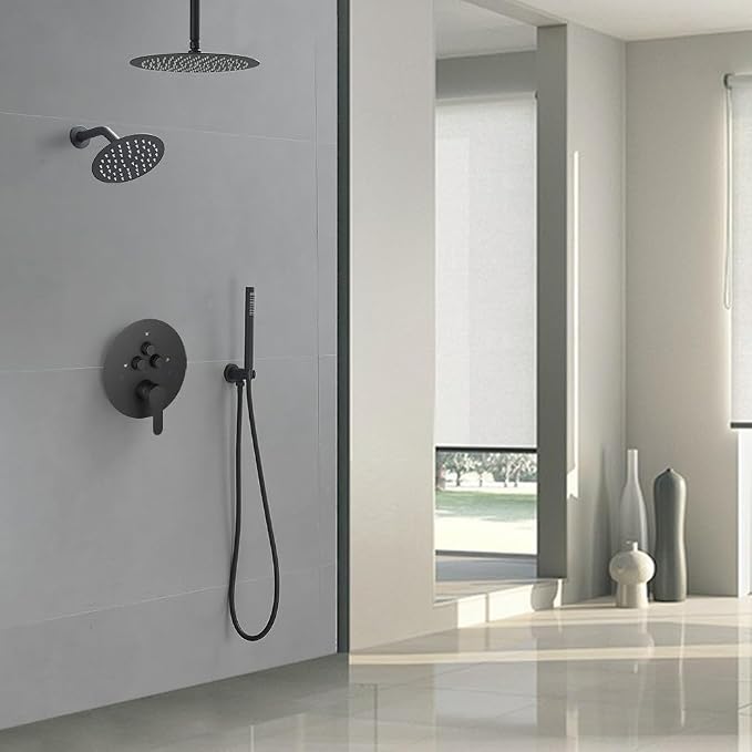 Shower Faucet Set Matte Black 10 Inch Round Ceiling Mount Rainfall Shower System with 2 Rain Shower Head and Handheld Head Push Button Diverter Shower Trim Kit and Rough-in Valve Body