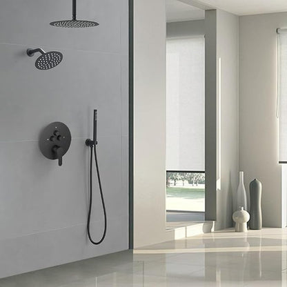 Shower Faucet Set Matte Black 10 Inch Round Ceiling Mount Rainfall Shower System with 2 Rain Shower Head and Handheld Head Push Button Diverter Shower Trim Kit and Rough-in Valve Body