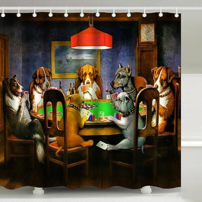 Dogs Playing Poker Oil Painting Art Shower Curtain with Hooks 72 x 72 Inch
