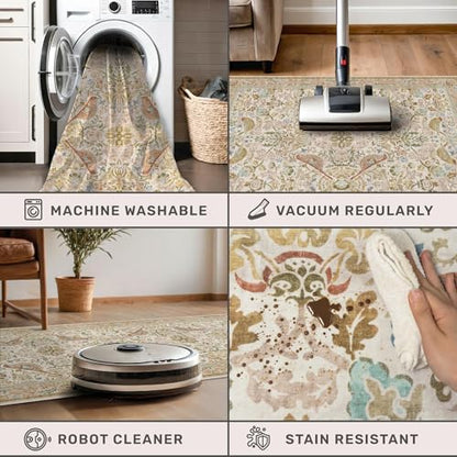 Hazo Haus Beige Washable 7x10 Kitchen Table Area Rug - Western Nature Rugs for Living Room, Bedroom, Playroom, Guest Room with Boho Neutral Botanical & Bird Pattern, Non Slip Stain Resistant Low Pile