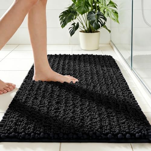 Disolla Black Bath Mat 24x36 Inch - Luxury Chenille Bathroom Rug, Extra Soft Shaggy Plush Absorbent Mat, Non-Slip Washable Rug for Bathtub, Shower and Bedside