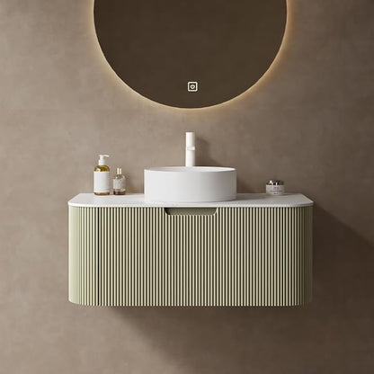 36'' Bathroom Vanities Cabinet with Sink Combo, Wall Mounted Floating Cabinet W/Curved Edges Stripes, Oak Plywood, Soft-close System with a Drawer, White Round Ceramic Basin - Kiel. Light Green