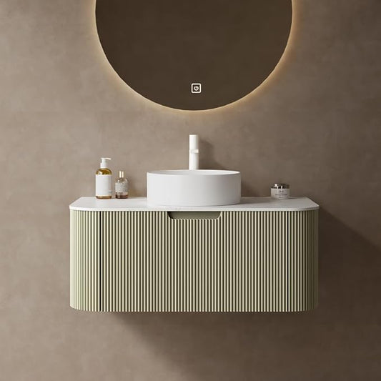 36'' Bathroom Vanities Cabinet with Sink Combo, Wall Mounted Floating Cabinet W/Curved Edges Stripes, Oak Plywood, Soft-close System with a Drawer, White Round Ceramic Basin - Kiel. Light Green