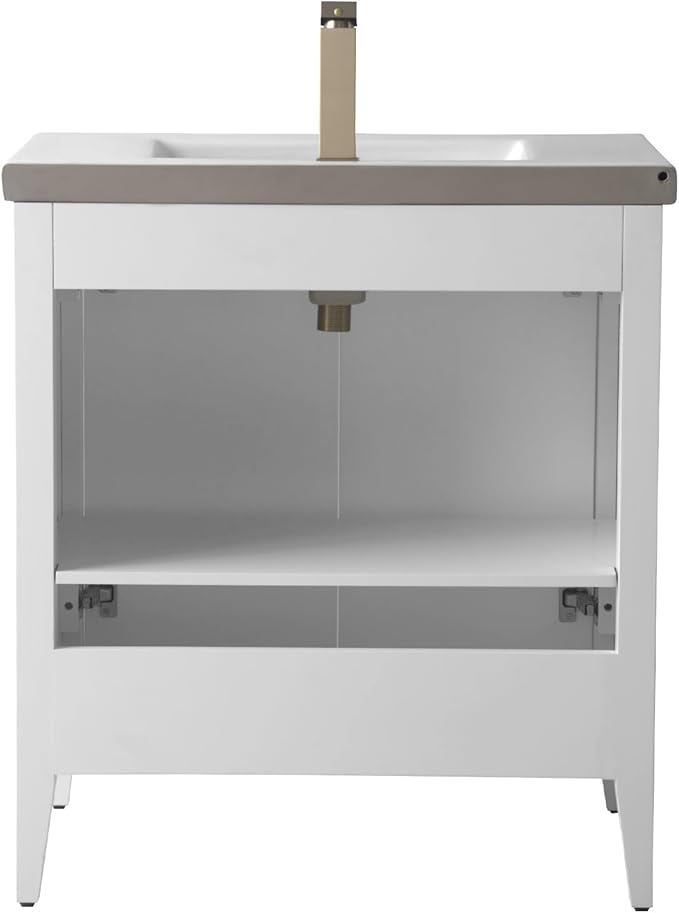 HOMEBEYOND 30" Bathroom Vanity with Ceramic Sink, Solid Wood Free-Standing Vanities Cabinet, Ceramic Top, Golden Brushed Handware & Soft Closing Door, White