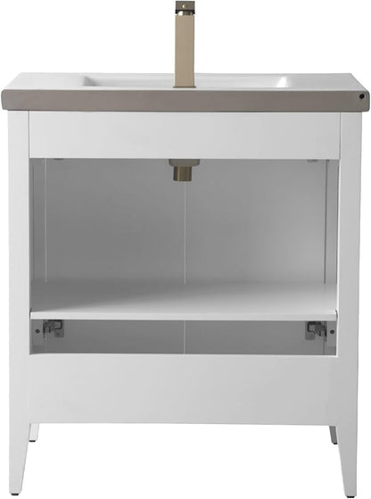 HOMEBEYOND 30" Bathroom Vanity with Ceramic Sink, Solid Wood Free-Standing Vanities Cabinet, Ceramic Top, Golden Brushed Handware & Soft Closing Door, White