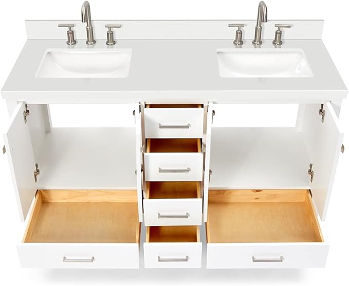 ARIEL Cambridge 60-inch Bathroom Vanity with Sink,Solid Wood, 1.5-inch Pure White Quartz Countertop & Backsplash, Double Rectangular Porcelain Sink, 4 Soft Closing Doors, 6 Dovetail Drawers, White