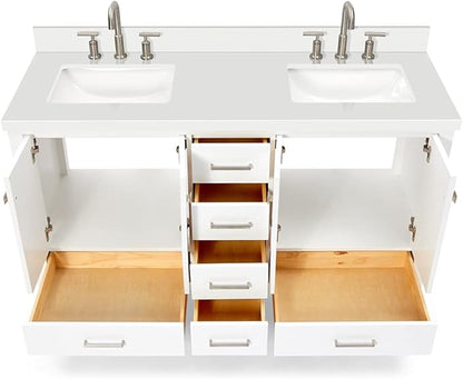 ARIEL Cambridge 60-inch Bathroom Vanity with Sink,Solid Wood, 1.5-inch Pure White Quartz Countertop & Backsplash, Double Rectangular Porcelain Sink, 4 Soft Closing Doors, 6 Dovetail Drawers, White