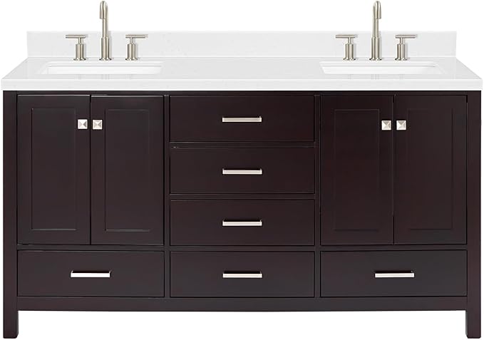 ARIEL Cambridge 66-inch Bathroom Vanity with Sink,Solid Wood, 1.5-inch Carrara White Quartz Countertop, Double Rectangular Porcelain Sink, 4 Soft Closing Doors, 6 Dovetail Drawers, Espresso