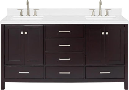 ARIEL Cambridge 66-inch Bathroom Vanity with Sink,Solid Wood, 1.5-inch Carrara White Quartz Countertop, Double Rectangular Porcelain Sink, 4 Soft Closing Doors, 6 Dovetail Drawers, Espresso