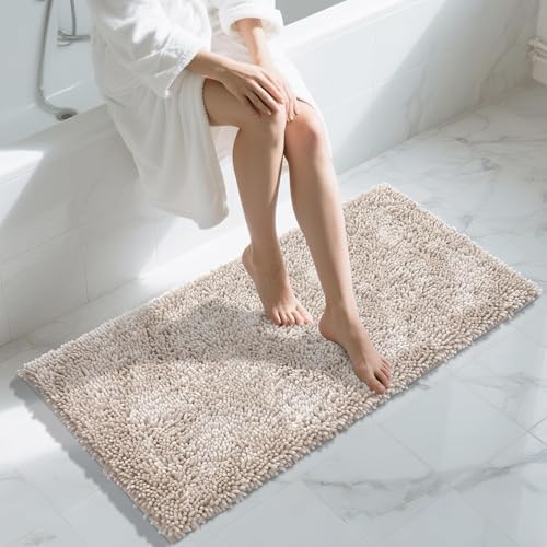 Yimobra Long Bathroom Rug Non Slip 44x24 Inch, Extra Thick Soft Absorbent Chenille Bath Mat, Machine Washable Quick Dry Bath Rugs for Bathroom Floor, Tub and Shower, Home Decor Accessories, Khaki