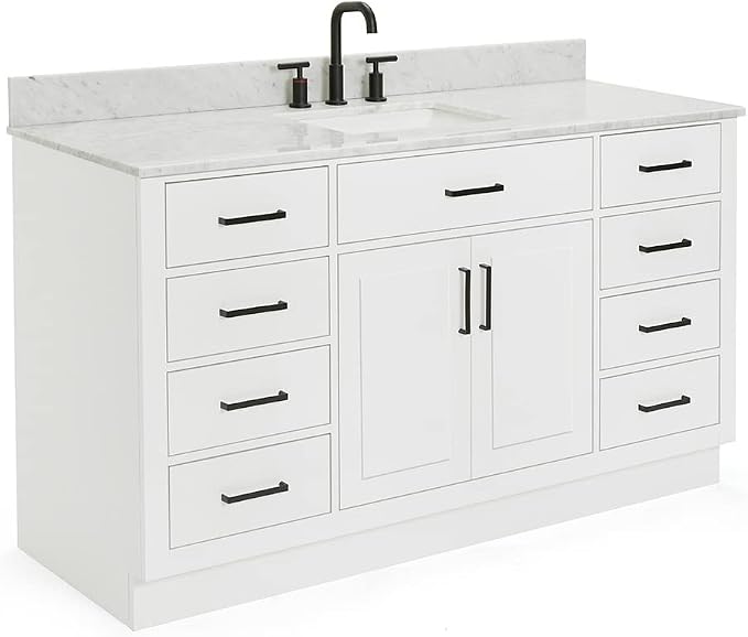 ARIEL Hepburn 60-inch Bathroom Vanity with Sink,Solid Wood, 0.75-inch Italian Carrara Marble Countertop, Single Rectangular Porcelain Sink, 2 Soft Closing Doors, 9 Dovetail Drawers, White