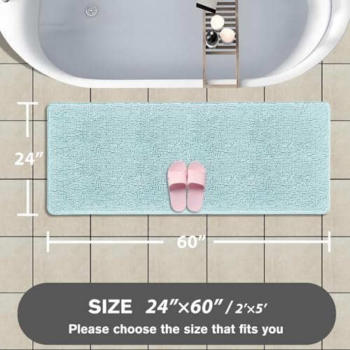 Bathroom Runner Rug 24 x 60 Inch – Extra Large Long Bath Mat | Absorbent and Washable Thick Chenille Bath Rug Non-Slip Runner Rug for Bathroom Floor, Shower, Sink(Aqua)