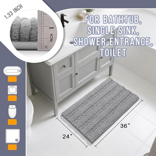 Yimobra Bathroom Rug Mat 36 x 24, Non Slip and Super Absorbent Bath Mat,Machine Washable Quick Dry,Ultra Plush Chenille Shower Rugs for Bathroom Floor Sink Tub and Shower Outside,Gray