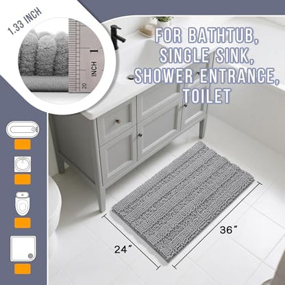 Yimobra Bathroom Rug Mat 36 x 24, Non Slip and Super Absorbent Bath Mat,Machine Washable Quick Dry,Ultra Plush Chenille Shower Rugs for Bathroom Floor Sink Tub and Shower Outside,Gray