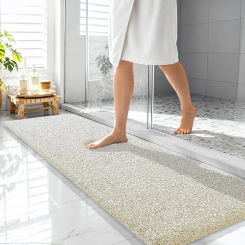 OLANLY Microfiber Bathroom Rugs 59x20, Quick Dry Bath Mat, Sand and White