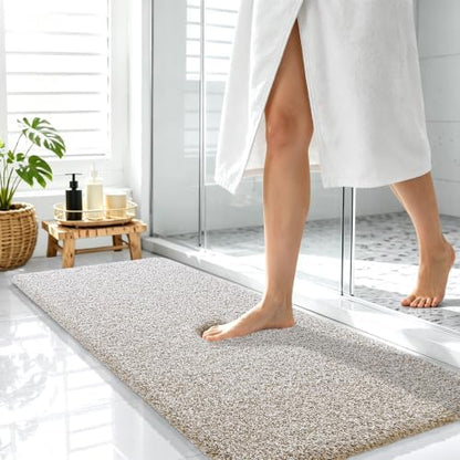 OLANLY Microfiber Bathroom Rugs 47x17, Quick Dry Bath Mat, Beige and White