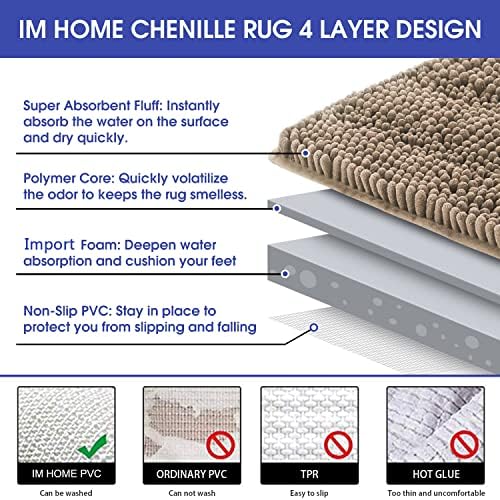 ACCUMTEK Striped Dark Beige Bathroom Rug Mat 24"x17" Ultra Soft, Non Slip Chenille Bath Rugs, Absorbent Plush Shaggy Bath Mats for Bathroom, Bedroom, Kitchen, Shower, Tub,Taupe