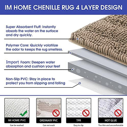 ACCUMTEK Striped Dark Beige Bathroom Rug Mat 24"x17" Ultra Soft, Non Slip Chenille Bath Rugs, Absorbent Plush Shaggy Bath Mats for Bathroom, Bedroom, Kitchen, Shower, Tub,Taupe