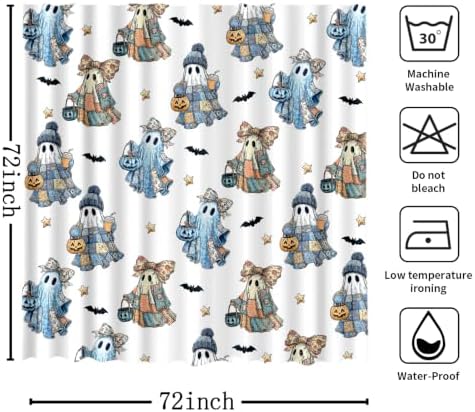 MEHOFOND Halloween Blue White Patchwork Ghost Shower Curtain Bath Curtain