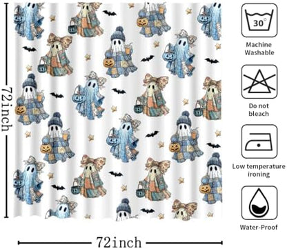 MEHOFOND Halloween Blue White Patchwork Ghost Shower Curtain Bath Curtain