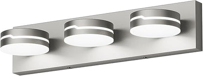 Vanity Lights for Bathroom, 18.9in Brushed Nickel Bathroom Light Fixtures Over Mirror, 3-Light Modern LED Wall Sconce Makeup Lighting, 350° Rotatable, Dimmable 6000K Cool White, Hardwired