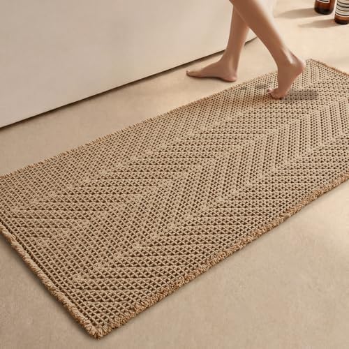 Sunfly Bathroom Runner Rug,Boho Herringbone Waffle Bath Mat Non-Slip Washable Super Absorbent Quick Dry, Farmhouse Bath Mat for Bathroom Floor Decor 24"x60" Khaki