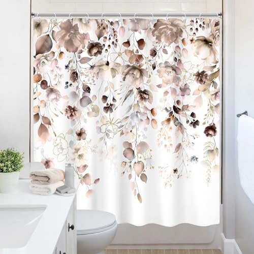 Brown Floral Autumn Fall Tan Watercolor Bathroom Shower Curtain Set