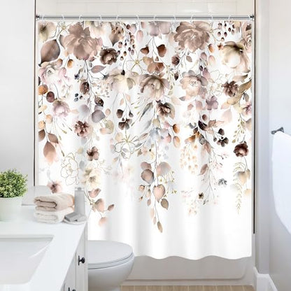 Brown Floral Autumn Fall Tan Watercolor Bathroom Shower Curtain Set