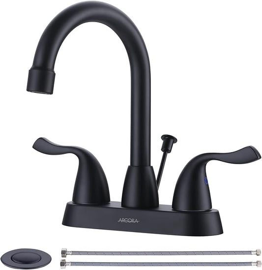 ARCORA Matte Black Bathroom Faucet, 4 Inch Centerset Bathroom Sink Faucet with Drain Assembly and Supply Hoses, 2 Handle Basin Faucet