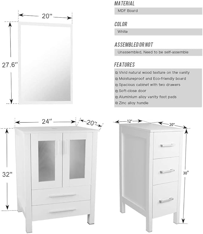 UEV 60" White Bathroom Vanity Set, Double Vanity with Double Vessel Sink Combo and Removable Side Cabinet, Mirror Not Included(T48)