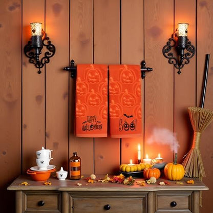 2 Pack Halloween Hand Towels 100% Cotton Jacquard Ghost Halloween Kitchen Towels White Bathroom Towels Set Seasonal Bathroom Decor (Yellow Pumpkin, Halloween)
